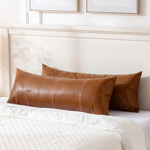Fancy Homi Brown Boho Long Lumbar Faux Leather Body Decorative Throw Pillow Cover 14x36 Inch for Bedroom Couch Bed Sofa Bench, Hand Stitched Stylish Pillowcase, Rustic Modern Farmhouse Room Decor