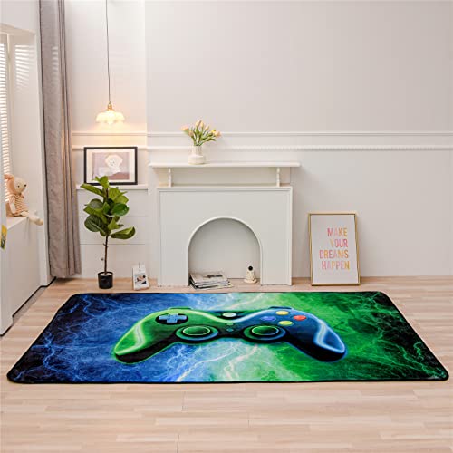 Meeting Story Gamer Gaming Area Rug Tie Dye Lightnings Gamepad Rug Games Console Action Buttons Print Carpet Indoor Floor Sofa Rugs for Kids Bedroom Living Room Game Room Decor(Blue-Green,5 * 8 Feet)