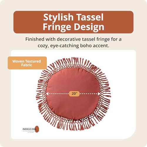 Indigo Ink Round Red Decorative Throw Pillow with Tassels - 20" x 20" | Cotton Throw Cushion for Couch, Chair, Bed | Cute Home Decor | Soft Plush Filling | Tufted Medallion Collection, Ginger Spice