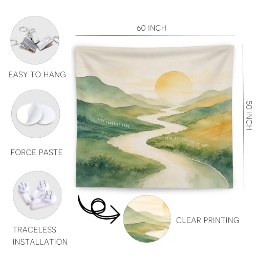 WNAGT Mental Health Sun Mountain Tapestry Wall Hanging 50x60 Inch | Motivational Give Yourself Time Wall Tapestry for Home Bedroom Living Room Therapy Office Decor