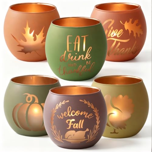 Thanksgiving Votive Candle Holder Set of 6 for Fall Table Centerpiece Decor