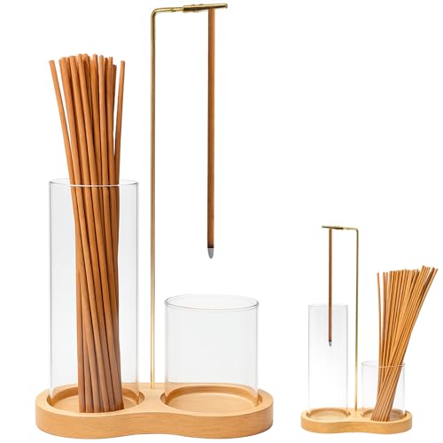 2 in 1 Incense Holder for Sticks, Insence-Stick Holder with Glass Ash Catcher & Incense Sticks Organizer, Anti-Ash Flying Incense Burne for Yoga, Spa, Meditation, Wooden Home Decor