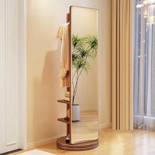 Floor-Standing Solid Wood Rotating Coat Rack，360° Rotating Full Length Mirror with Coat Rack - Solid Wood Freestanding Dressing Mirror, Large Clothes Hanger with Hooks for Living Room & Bedr