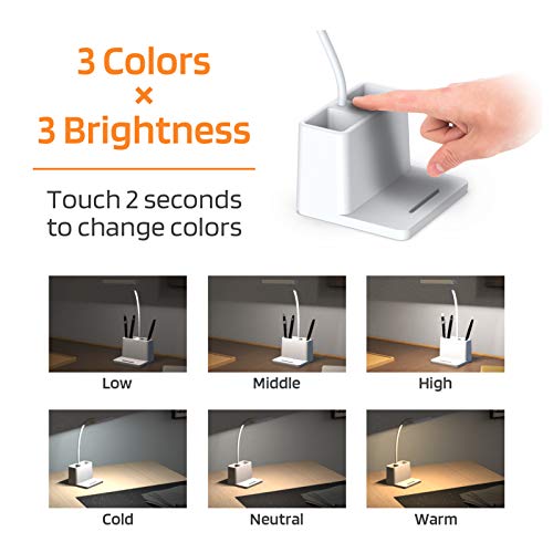 Rechargeable Small Desk Lamp for Home Office Bedroom, Study Table Light for Kids Teens, White, LED, Pen Holder, Mini, Gooseneck, College Dorm Room Lighting for Computer Keyboard Desktop Task