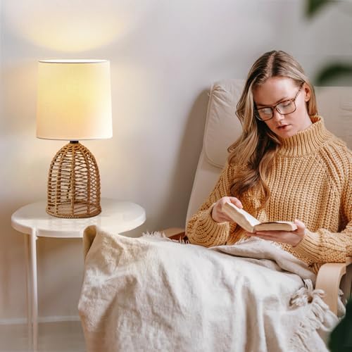 Rattan Lamp Boho Lamps Set of 2-13.75" Mini Farmhouse Table Lamp Rustic End Table Decorative Small Lamps for Small Spaces Bedroom Nightstand Living Room Reading Desk Side Table Lamp