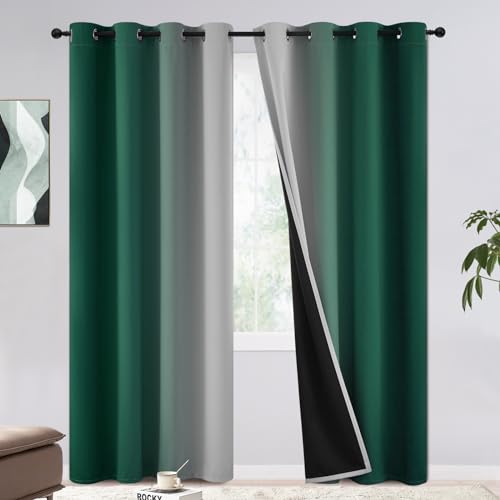 COSVIYA 100% Blackout Curtains & Drapes Ombre Green Curtains 84 inches Long 2 Panels Set, Full Room Darkening Grommet Gradient Insulated Thermal Window Curtains for Bedroom/Living Room,52x84 inches