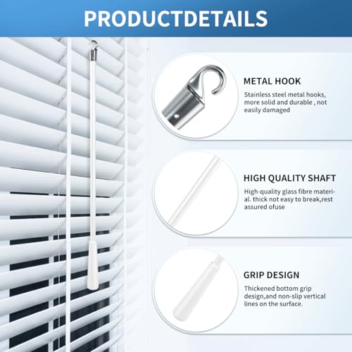 2 Pcs 12 inch Blind Wand, Vertical Blinds Replacement Parts with Hook and Grip, White Fiberglass Blind Tilt Wand, for Windows Curtain Door Shades Opener Accessory