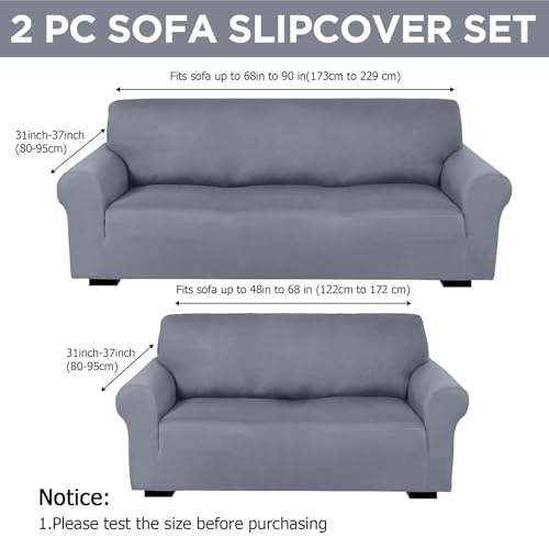 Peryiter 2 Pcs Sofa Covers Couch and Loveseat Covers Set Stretch Sofa Slipcover for Living Room Armchair Furniture Protector, Wrinkle Proof(Light Gray,Milk Silk)