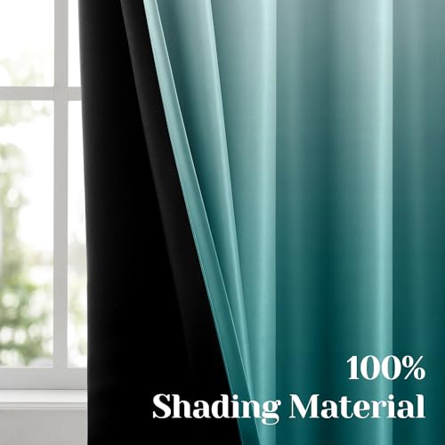 HOMEIDEAS Teal 100% Ombre Blackout Curtains for Bedroom, 52 X 84 Inches Long Room Darkening Gradient Light Blocking Thermal Insulated Grommet Drapes for Living Room, 2 Panels