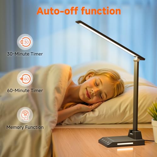 LED Desk Lamp with USB-C Charging Port, Dimmable Desk Lamp for Home Office, Eye-Caring Reading Lamp with 25 Lighting Modes, Small Desk Light for Bedroom Nightstand with Adapter
