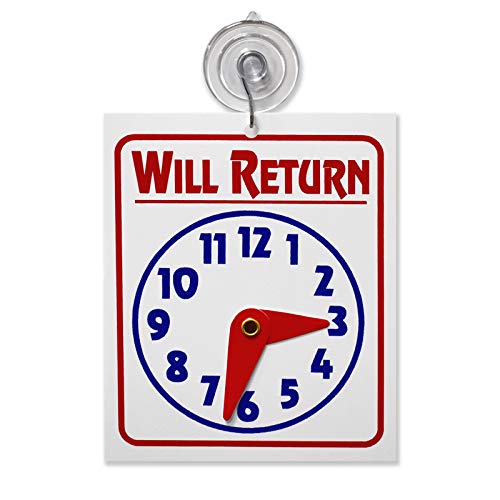 Double Sided "Will Return" Clock and "Open Come in" Sign with Adjustable Clock Hands & Suction Cup, 1 Unit