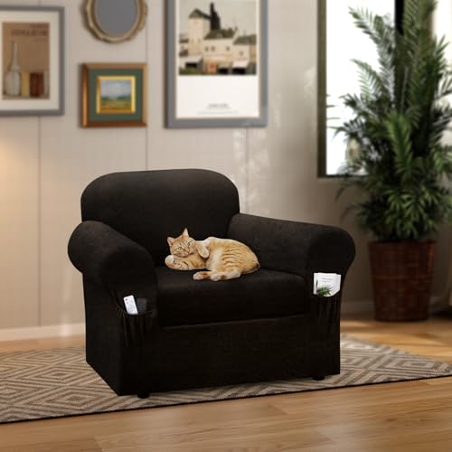 Chair Slipcover with Armrest Pockets 2-Piece Set, Stretch Faux Leather Chair Cover for Armchairs(Fits 31-45") - Non-Slip, Machine Washable, Pet & Kid Friendly - Coffee