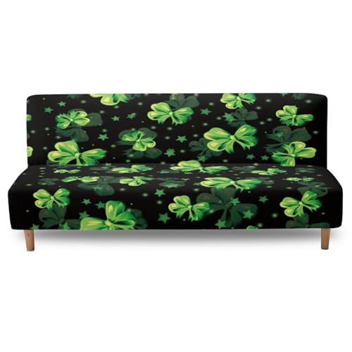 St Patrick's Day Green Leaf Armless Sofa Couch Bed Slipcovers with Elastic Bands Furniture Protector Stretchy Futon Covers Fit for Kids and Pets
