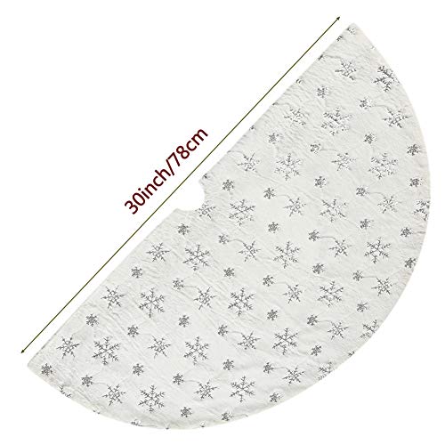 Christmas Sequin Tree Skirt 30in,White Soft Thick with Silver Snowflakes Decorations for 3FT 4FT 5FT Xmas Tree