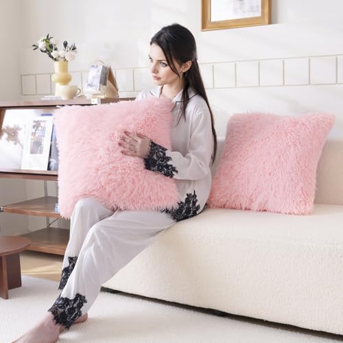 Faux Fur Pink Throw Pillow Covers, Fluffy Soft Fuzzy Decorative Pillow Cases Cute Pillowcases for Home Bedroom Living Room, Zipper Closure, Set of 2 (Pink, 18"x 18")