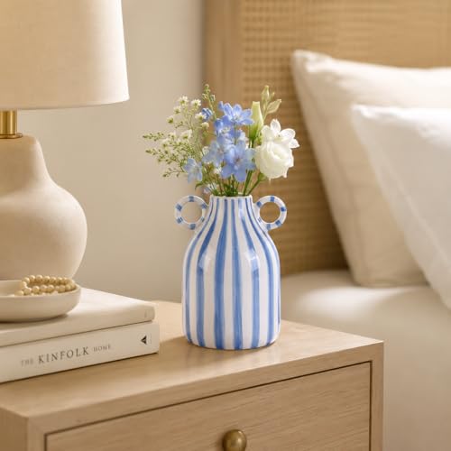 Blue and White Ceramic Vase with Handle, Nordic Boho Small Vases Side Table Flower Centerpiece, Wide Mouth Single Flower Vase Pampas Grass Decorative - for Home Window Sill Living Dining Room Kitchen