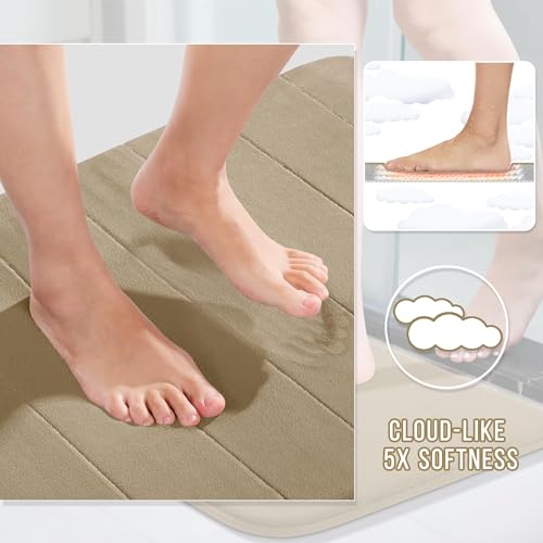 Yimobra Memory Foam Bath Mat, Super Soft Absorbent Bathroom Rug Non Slip 31.5x20 Inch, Quick Dry, Machine Washable Floor Carpet for Tub Shower, Home Decor Accessories, Light Tan