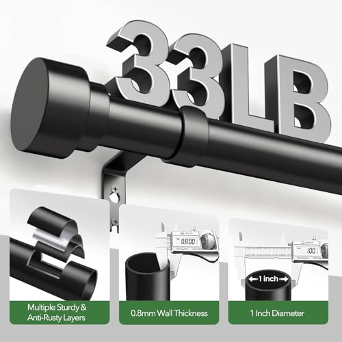 Time Forest Black Curtain Rods for Windows 32 to 120 Inch (2.6-10 Feet), 1 Inch Diameter Adjustable Heavy Duty Curtain Rod, Modern Style Indoor Outdoor Long Window Drapery Rods with End Caps