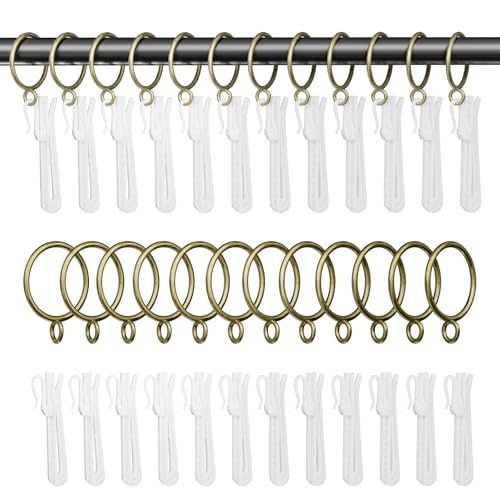 1.25 Inch Curtain Rings with Hooks, 24 Pack Bronze Metal Drapery Rings with Pins Fits Up to 1" Curtain Rods