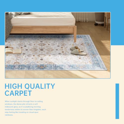 5x8 Area Rugs for Living Room, Washable Rug Vintage Floral, Blue