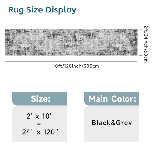 Modern Abstract 2x10ft Runner Rug: Washable Non Slip Kitchen Rugs Black
