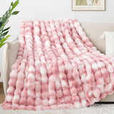 Luxury 1000GSM Faux Rabbit Fur Throw Blanket for Woman, Super Heavy Warm Cozy Blankets for Her for Couch Bed Sofa, Bubble Plush Fuzzy Elegant Soft Reversible Mink Blanket for Living Room Bedroom, Pink