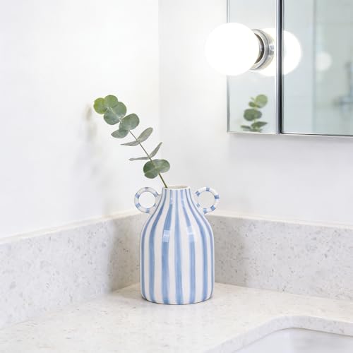 Ceramic Blue and White Striped Vase with Handle, Modern Minimalist Coastal Decor Home for Centerpieces for Tables, Kitchen Office, Bookshelf, Bedroom Aesthetic Decor (A)