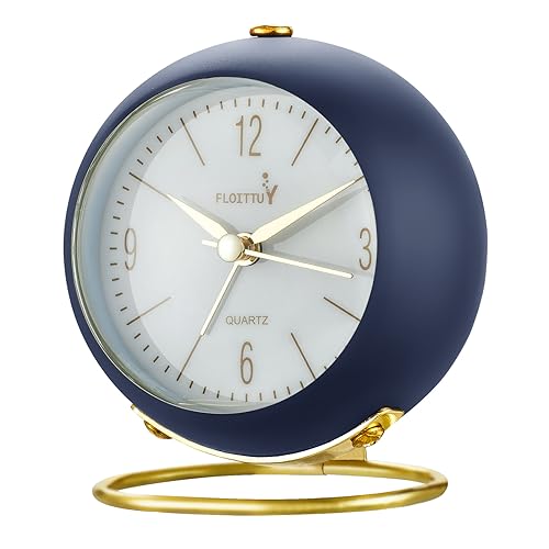 FLOITTUY Silent Table Analog Alarm Clock No Ticking, Lighted on Demand and Battery Operated, Beep Sounds, Small Desk Clock(Navy Blue)