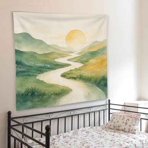WNAGT Mental Health Sun Mountain Tapestry Wall Hanging 50x60 Inch | Motivational Give Yourself Time Wall Tapestry for Home Bedroom Living Room Therapy Office Decor