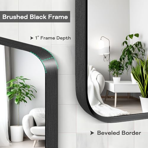 Wall Mount Mirror for Bathroom, Brushed Black Metal Framed Rounded Corner Rectangular Vanity Mirror (24" x 36", Black)