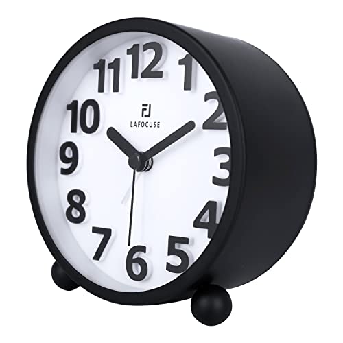 Lafocuse Metal Large 3D Numerals Easy to Read Analog Alarm Clock for Heavy Sleepers with Night Light and Snooze Function, Silent Black Bedside Clock for Bedroom Desk Shelf Table, 4 Inch