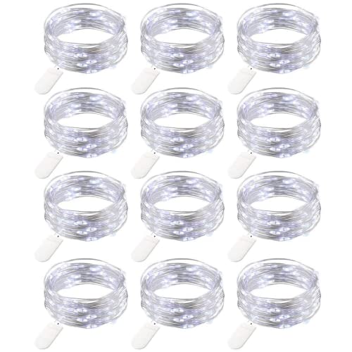 12 Pack Fairy Lights Battery Operated String Lights，7FT 20LED Waterproof Silver Wire Christmas Lights Outdoor,Firefly Mini Lights for Bedroom Party Birthday Wedding Indoor Decorations.