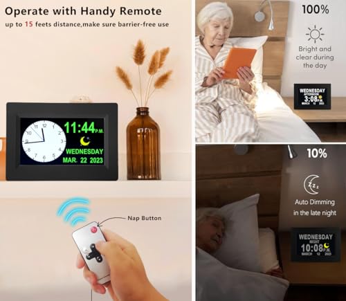 Véfaîî Digital Clock with Day Date 1280 * 800P HD, 19 Alarms Custom Reminders, 10 Levels Auto Dimmer Dementia Clock, 8 Display Colors, Auto DST, Remote & Buttons Control Easy for Elderly