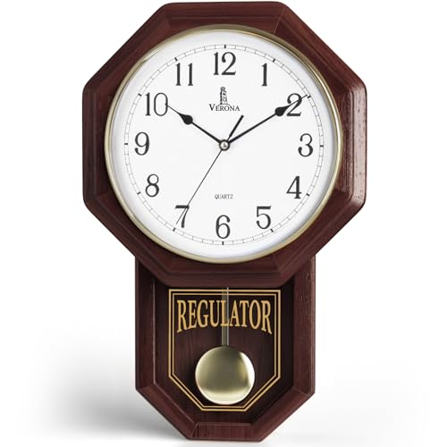 Pendulum Wall Clock - Real Wood Regulator Clock - Schoolhouse Design - Quiet, Non-Chiming, Wooden & Battery Operated - Decorative Wall Decor for Living Room, Home, Office 18x11