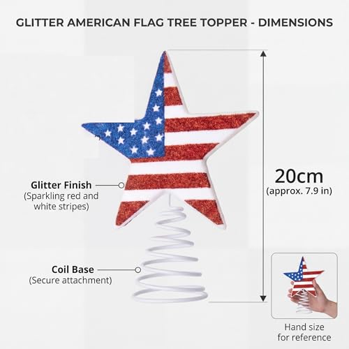Gejoy 6 Inch 4th of July Tree Topper 250th Anniversary Glitter Star Tree Topper Patriotic American Flag Red White Blue Trees Decor for Indoor Outdoor Home Office Independence Day Memorial Day Decor
