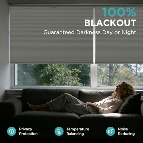 Joydeco No Tools No Drill Blinds for Indoor Windows, Cordless Window Blinds Cellular Shades Top Down Bottom Up Blackout Honeycomb Blinds Thermal Insulated Noise Reduction (White, 34.5" W x 64" H)