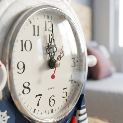 TOYANDONA Mediterranean Style Wooden Desktop Clock Creative Nautical Swim Ring Pendulum Design Silent Mute Clock for Living Room Table Decor