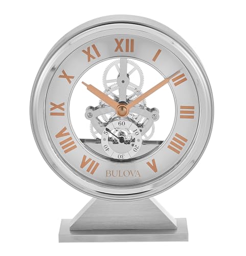 Bulova Torrance Brushed Aluminum Clock B1721 | Exposed Skeleton Design | Quartz Movement | Glass Panel Design | 5.25 x 6.5 Inch