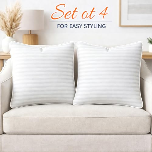 Yettbea 18x18 Inches Pillow Inserts Set of 4- Premium Soft Down Alternative Fill, Decorative Throw Pillows for Couch, Bed & Sofa, Supportive White Striped Bedroom Pillow Forms