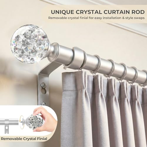TVWOO Silver Decorative Crystal Curtain Rods:36-88 Inch Heavy Duty Adjustable Window Curtains Rods for Bedroom Living Room,Nickel Modern Girly Acrylic Drapery Rods Set with Sheer Bling Foil Finials