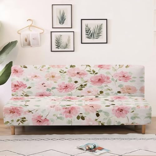 Futon Cover Pink Floral Armless Sofa Cover Stretch Futon Slipcovers for Home Decor Washable Furniture Protector Covers with Elastic Bottom