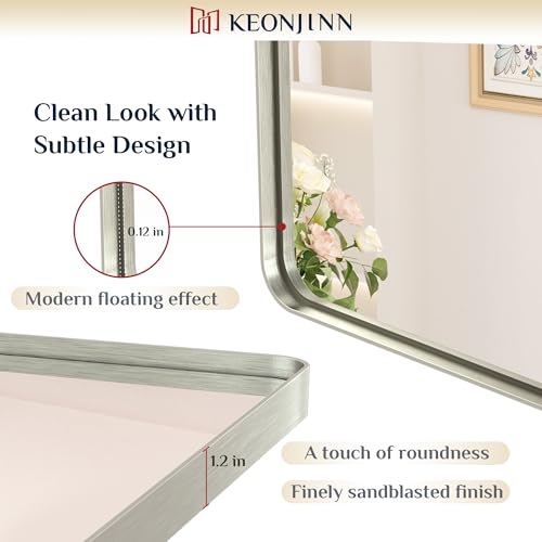 Keonjinn 20 x 30 Inch Brushed Nickel Bathroom Mirrors for Over Sink, Rounded Rectangle Silver Bathroom Vanity Mirror, Farmhouse Mirror for Wall, HD Tempered Glass, Anti-Rust Aluminum Alloy Mirror