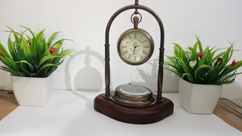 Antique Brass Desk Clock with Compass, Victoria London 1876 Analog Vintage Table Clock on Wooden Base