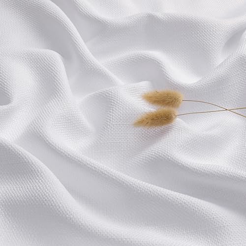 White Kitchen Curtains Tier 36 Inch Length 2 Panels, Faux Linen Textured Light Filtering Short Curtains Drapes for Bathroom Basement Half Window, Rod Pocket Design, White, Each 30Wx36L Inch