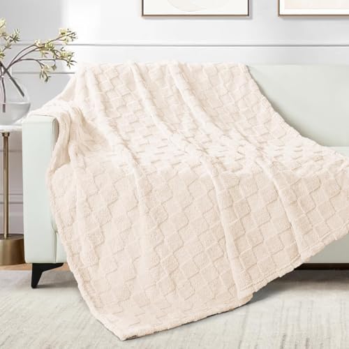 Exclusivo Mezcla Fleece Throw Blanket for Couch and Sofa, Super Soft and Cozy Blankets with Checkered Design, Lightweight, Decorative, All Season Use, 50x60 Inches, Ivory