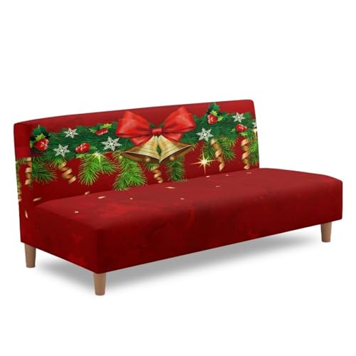 Christmas Jingle Bell Bow Tie Armless Sofa Slipcovers Futon Cover Stretch Fabric Sofa Couch Bed Covers Furniture Protectorfor Kids Pets Dog and Cat