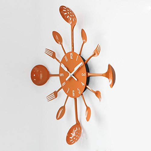 Timelike Wall Clock, 16" Metal Kitchen Cutlery Utensil Spoon Fork Wall Clock Creative Modern Home Decor Antique Style Wall Watch (Orange)