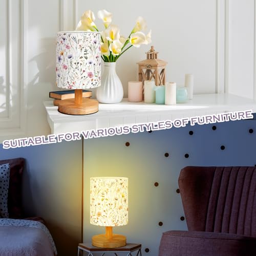 Wildflower Kids Table Lamp for Bedroom Kids Bedside Lamp with Linen Wooden Nightstand Cartoon Nursery Lampshade for Girls Boys Living Room