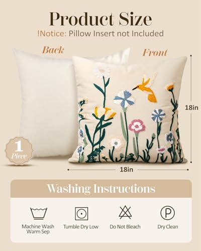 Embroidered Throw Pillow Cover 18x18 Inch, Flower Bird