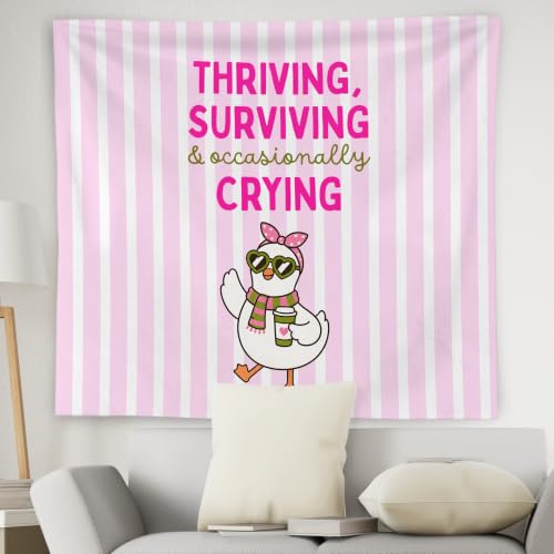 WNAGT Preppy Pink Goose Tapestry Wall Hanging 50x60 Inch | Inspirational Quote Funny Goose Pink White Striped Wall Tapestry for Girls Bedroom Dorm Home Office Decor